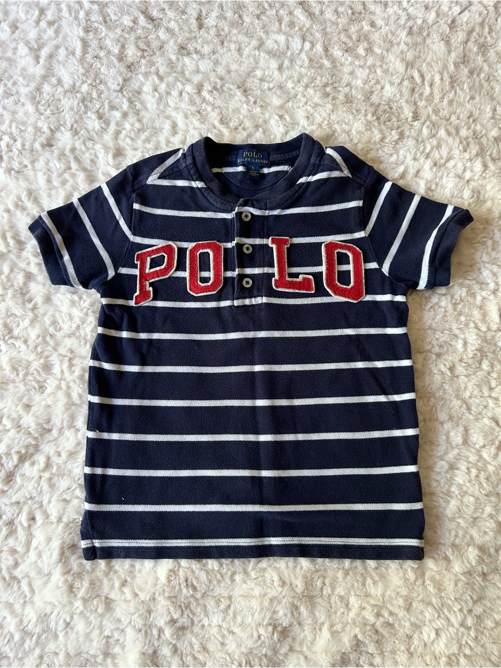 Polo by Ralph Lauren Navy & White Striped Kids Polo Tee with Red POLO Applique